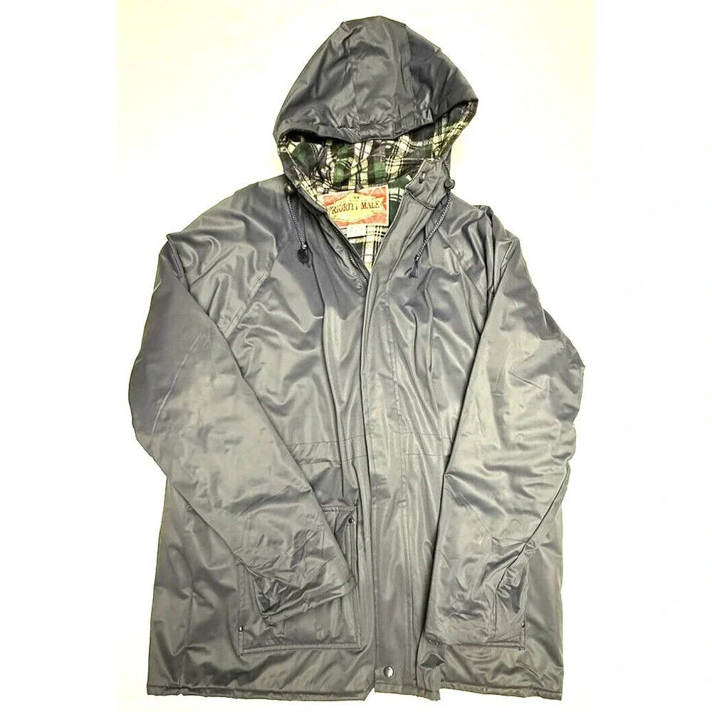 Priority Male Vintage Rain Jacket Mens Size L Quilted Lined Hooded PVC